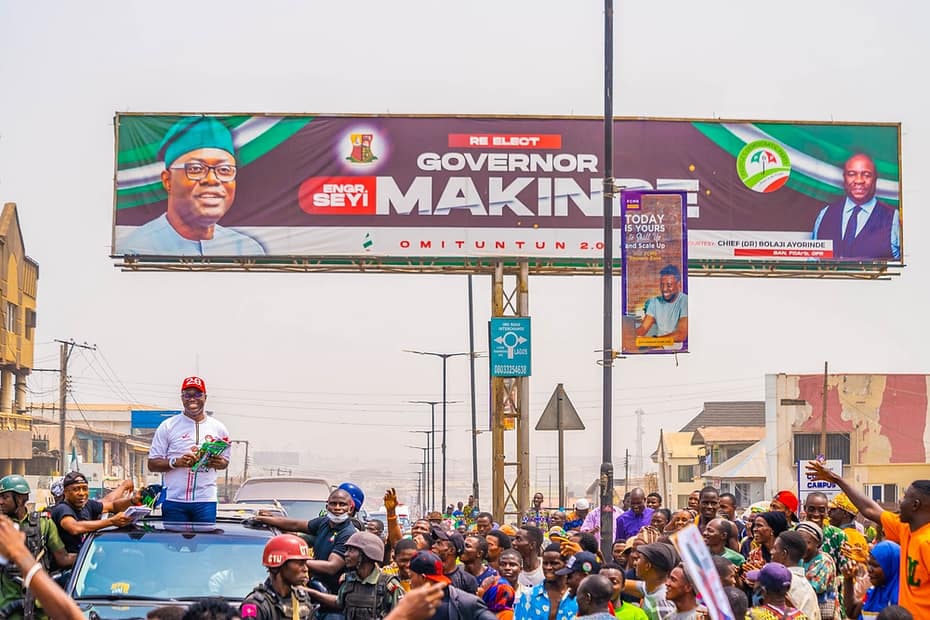 Governor Seyi Makinde during a road show on February 21, 2023 as part of the campaigns in Ibadan Zone
